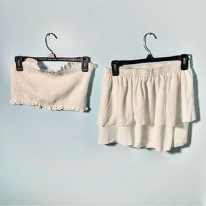 White Ribbed Ruffle Tube Top and Skirt 2-piece Summer Set Size M Women